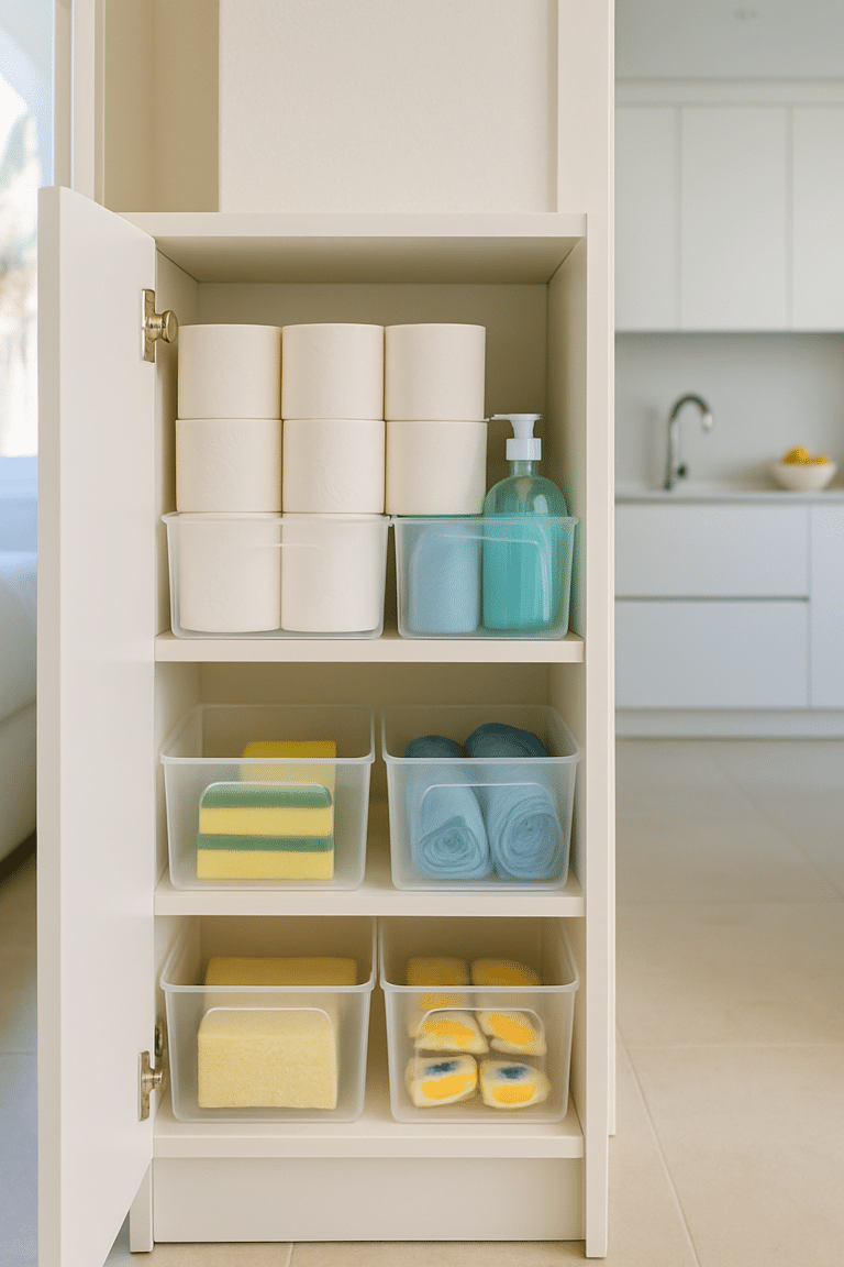 Placard avec consommables organisés pour location saisonnière à Alicante