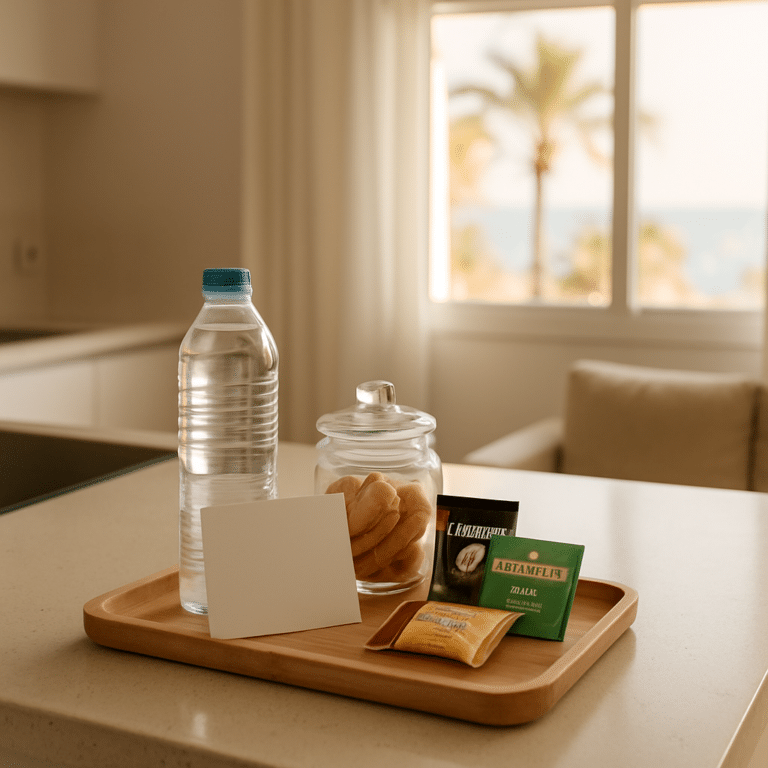 Kit d’accueil pour Airbnb à Alicante posé sur une table dans un appartement lumineux